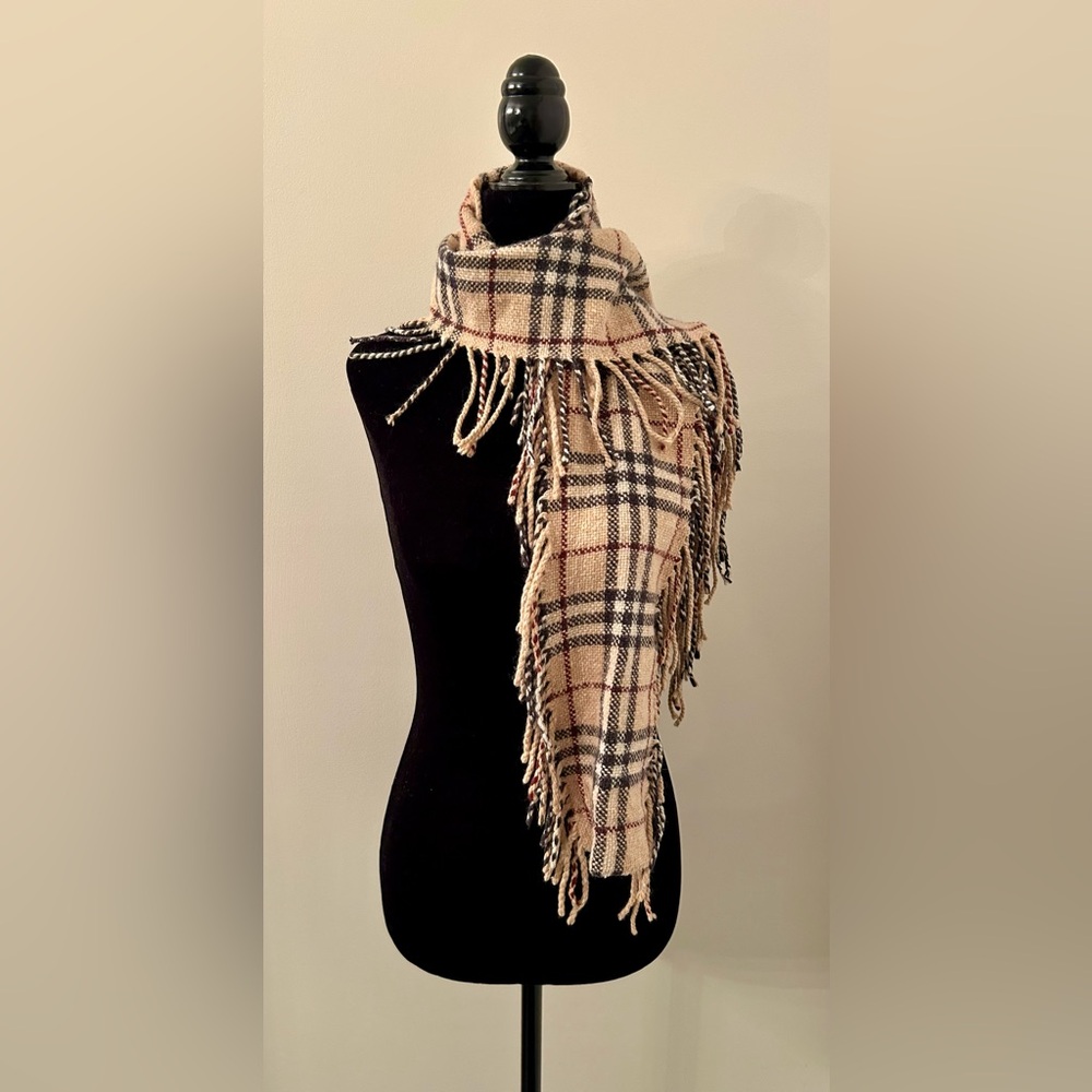 BURBERRY Beige-Black-Dark Red Nova Check Plaid Fringe Scarf - Made in Scotland